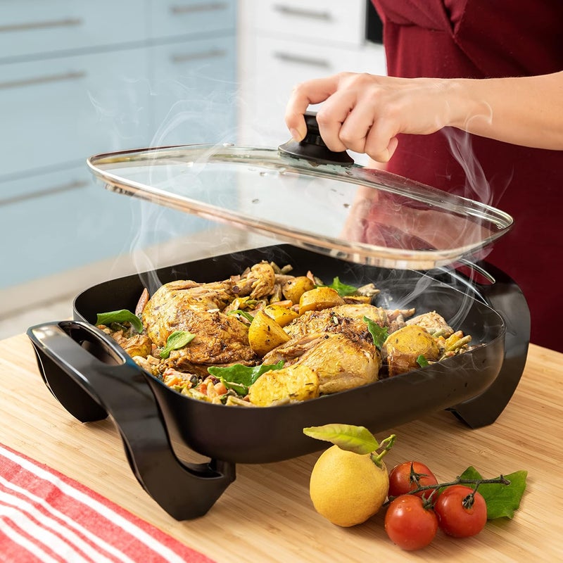Moss & Stone Square Nonstick Electric Skillet With Lid, Aluminum 12x12 Inch Electric Frying Pan 5Qt, Nonstick Cooking Surface, Adjustable Temperature Control, Vented Glass Lid, Heat-Resistant Handle - Image 5